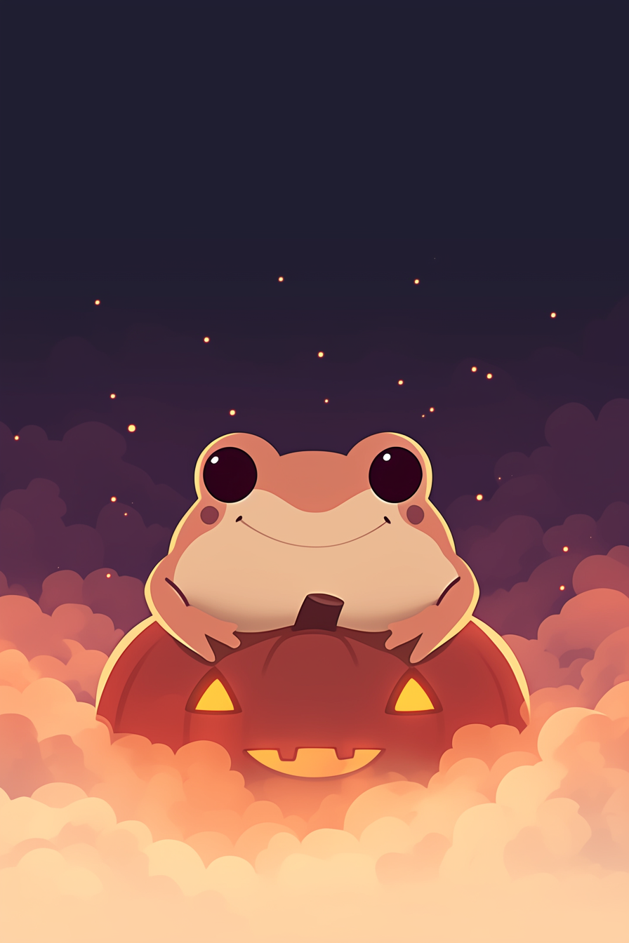 Halloween frog drawing ideas 2 featuring a cute frog sitting on a glowing jack-o'-lantern amidst a foggy, starlit night.